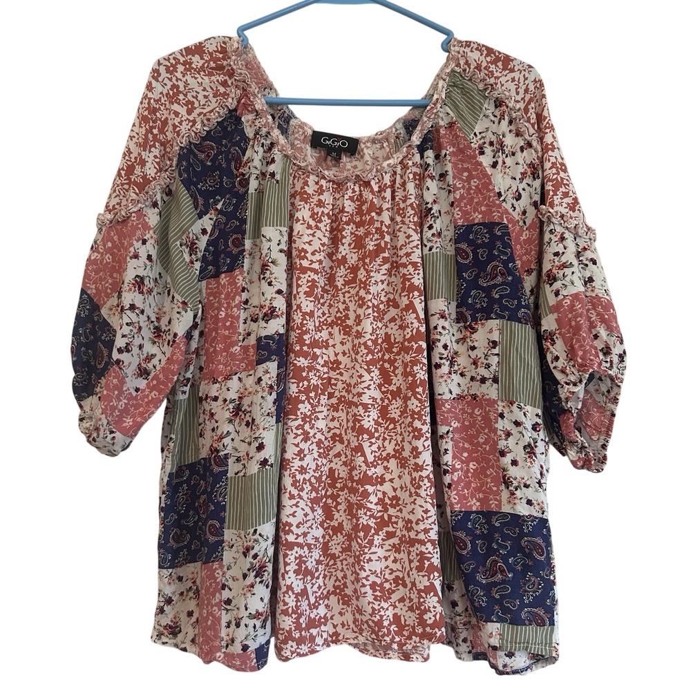 GiGio Patchwork Blouse Sz M Floral Paisley Festival Hippie Multicolor Flowy